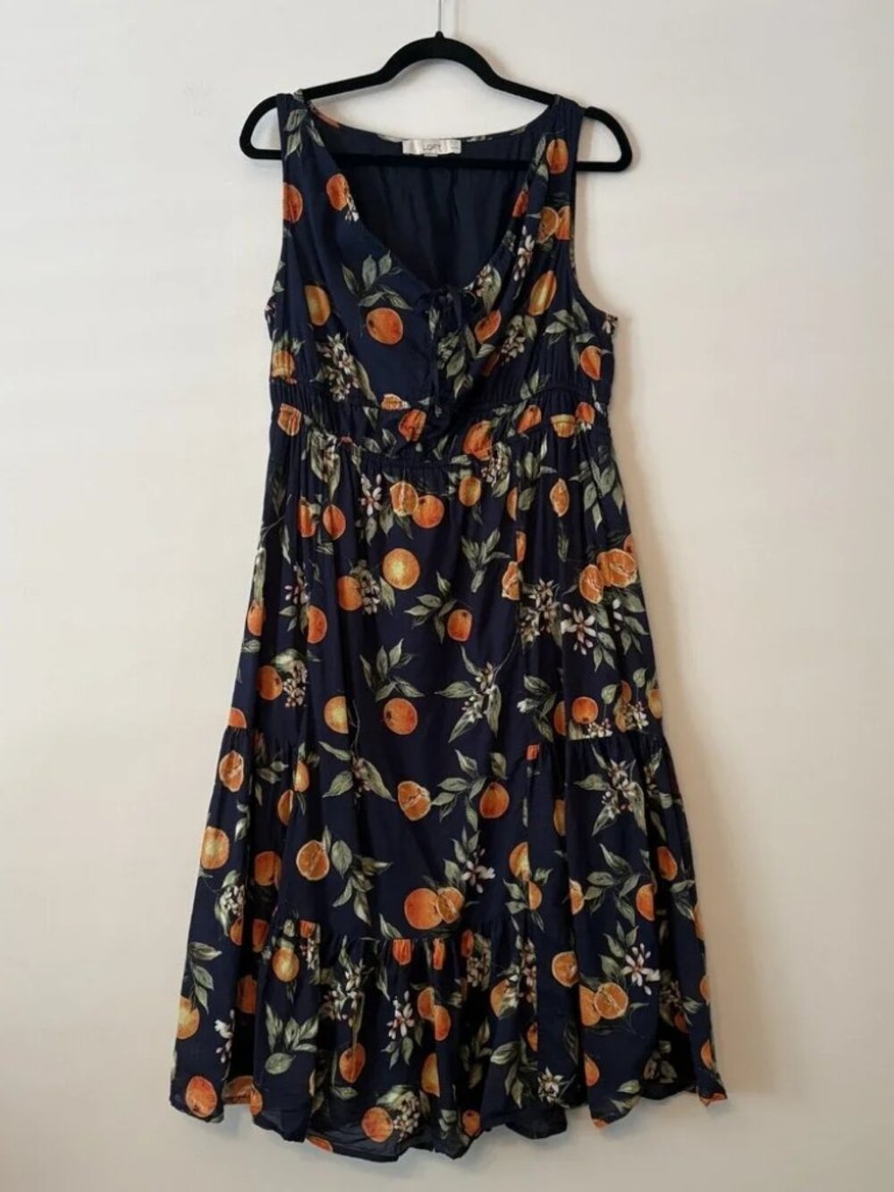 LOFT 100% Cotton Oranges Fruit Print Tiered Midi Dress 14 Petite Resort Novelty